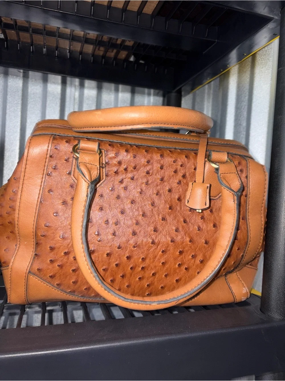 London Fog Cognac Ostrich-Texture Satchel with Gold Bead Charm